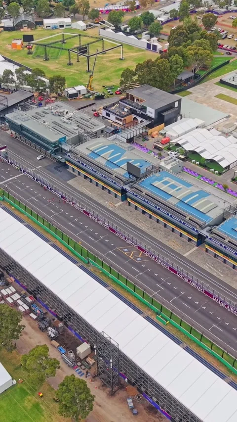 Drone Flying Over F1 Pit Lane Albert Park Stock Footage 329365320