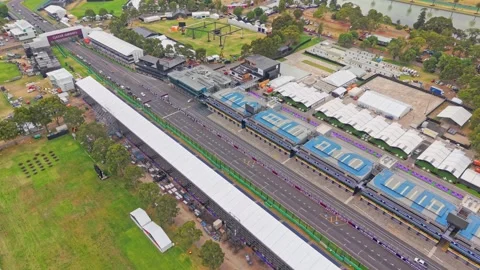 Drone Flying Over F1 Pit Lane Albert Park Stock Footage 329365880