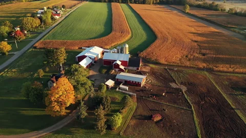 Drone flying over a Farm during sunrise (sunset) Stock Footage 140295654