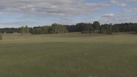 Drone flying over a field towards a forest and lake Stock Footage