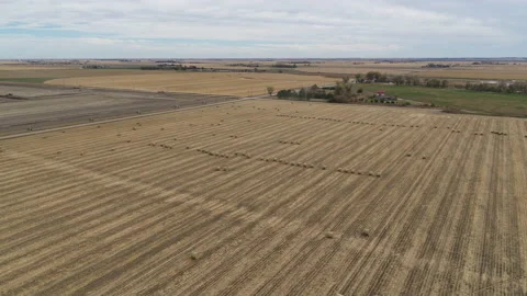 Drone Flying Over Fields Of Rolled Hay Bales And Four Way Intersection Stock Footage 229185574