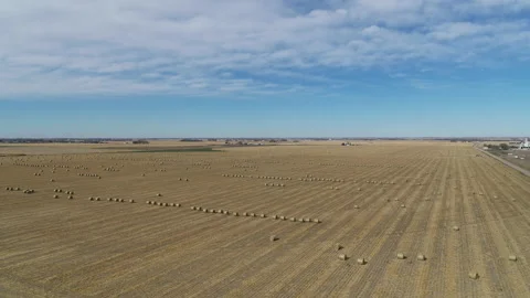 Drone Flying Over Fields Of Rolled Hay Bales And Four Way Intersection Stock Footage 229188501