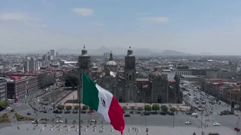 Drone Flying Over Flag In Plaza De La Constitucion, Zocalo, Mexico City Video stock 154668802