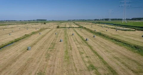 Drone Flying Over Hay Bales in Dutch Meadow, Netherlands (4K Drone Footage) Stock Footage 116098366