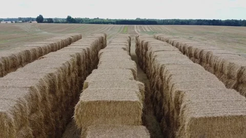 Drone flying over hay stack with countryside in the background Stock Footage 283229529
