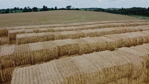 Drone flying over haystack with countryside in the background Stock Footage 283229499