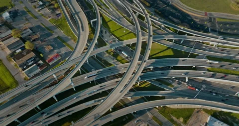 Drone flying over highway intersection, Dallas, Texas, US Video stock 181238204