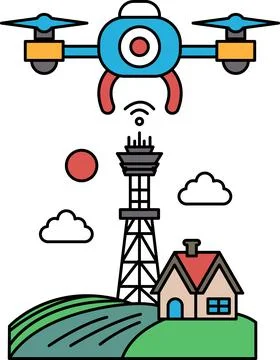 A drone is flying over a house and a tower Stock Illustration