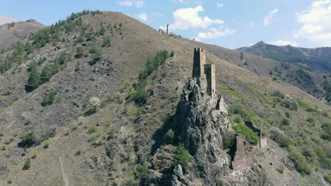 Drone flying over Ingush defense watchtowers Vovnushki in north Caucasus Video stock 200770484