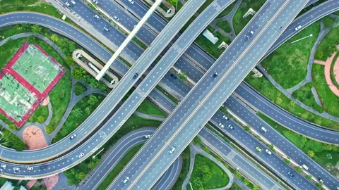 Drone flying over interchange and multi junction road Video stock 209168240