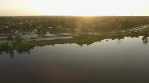 Drone Flying Over Lake at Sunset Stock Footage