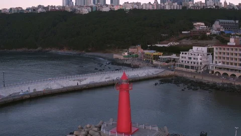 Drone flying over the lighthouse at Cheongsapo port in Busan aerial view Stock Footage 101001984