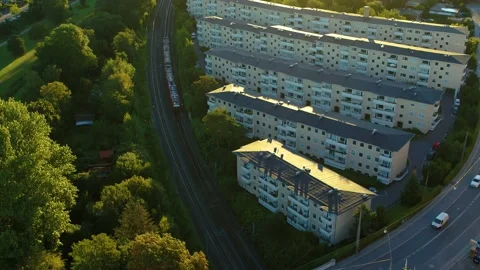 Drone flying over local train in Copenhagen 4K Stock Footage 237375130