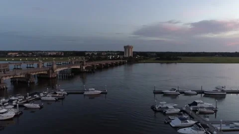Drone flying over marina at sunset. Stock Footage 134764314