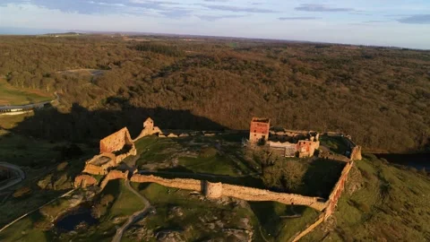 Drone flying over medieval castle ruin of Hammershus in Denmark Stock Footage 314213403