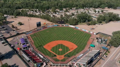 Drone flying over a minor league baseball stadium Stock Footage 156314121
