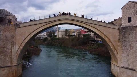 Drone flying over Mostar old brdige bosnia and herzegovina aerial skyline view. Stock Footage 234844069