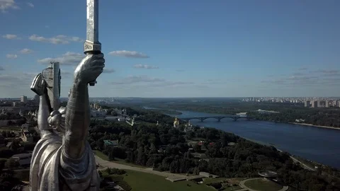 Drone flying over the Motherland Monument in Kiev, Ukraine Stock Footage