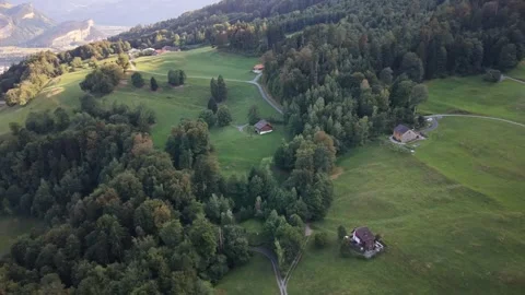 Drone flying over mountain road with cabins and pine forest Stock Footage 343628528