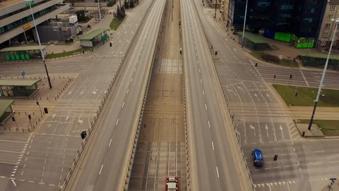 Drone flying over nearly empty round about in Warsaw Stock Footage 127608788