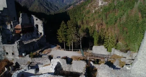 Drone flying over old medieval castle Kamen in Slovenia Stock Footage 147932934
