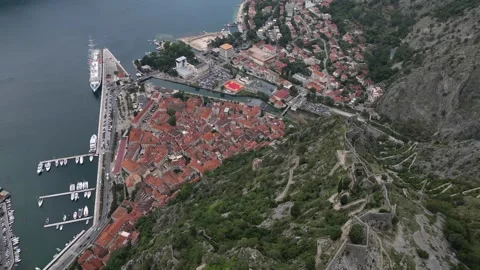 Drone flying over the Old Town of Kotor in Montenegro. Top view of the roofs. Stock Footage 252092960