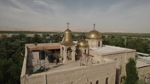 Drone flying over an orthodox monastery in Israel fpv Christian church temple Stockbeeldmateriaal 347832832
