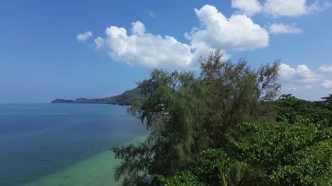 Drone Flying Over Palm Trees Revealing Remote Tropical Paradise Beach on Koh Stockbeeldmateriaal 342147547