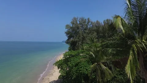 Drone Flying Over Palm Trees Revealing Remote Tropical Paradise Beach on Koh Stockbeeldmateriaal 342147614