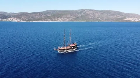 Drone flying over pirate ship, Mediterranean Sea, 4k Stock Footage 290429668