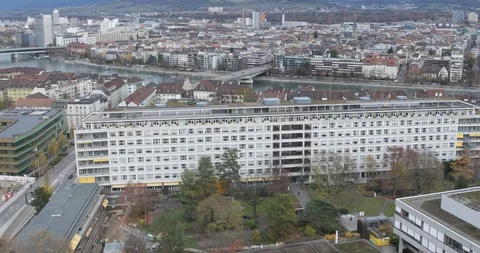 Drone Flying Over The Rhine River Basel City Skyline, Switzerland Stock Footage 109233512