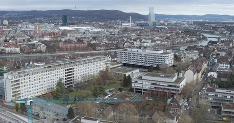 Drone Flying Over The Rhine River Basel City Skyline, Switzerland Stock Footage 109233692