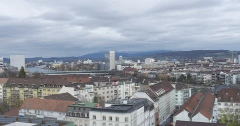 Drone Flying Over The Rhine River Basel City Skyline, Switzerland Stock Footage 109233802