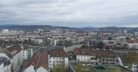 Drone Flying Over The Rhine River Basel City Skyline, Switzerland Stock Footage 109233916