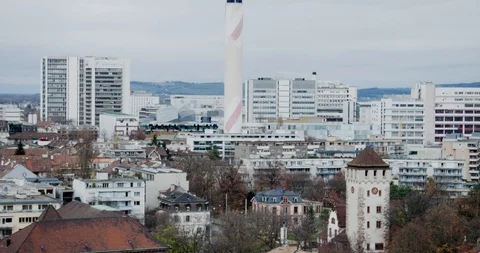 Drone Flying Over The Rhine River Basel City Skyline, Switzerland Stock Footage 109238930