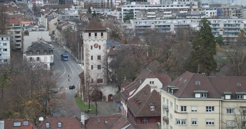Drone Flying Over The Rhine River Basel City Skyline, Switzerland Stock Footage 109240199