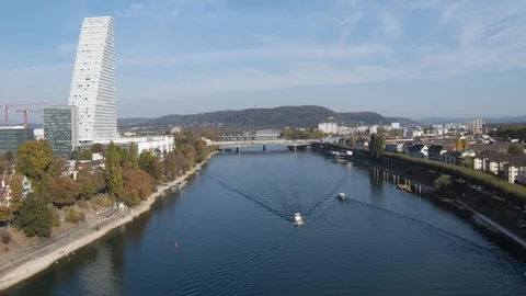 Drone Flying Over The Rhine River Basel City Skyline, Switzerland Stock Footage 109248056