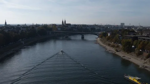 Drone Flying Over The Rhine River Basel City Skyline, Switzerland Stock Footage 109248069