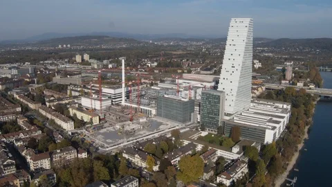 Drone Flying Over The Rhine River Basel City Skyline, Switzerland Stock Footage 109248109