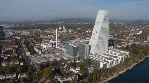 Drone Flying Over The Rhine River Basel City Skyline, Switzerland Stock Footage 109248148