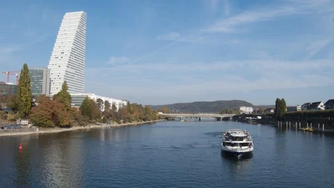 Drone Flying Over The Rhine River Basel City Skyline, Switzerland Stock Footage 109248197