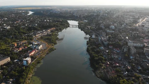 Drone Flying Over River and Old European City. Ukraine, Vinnytsia Stock Footage