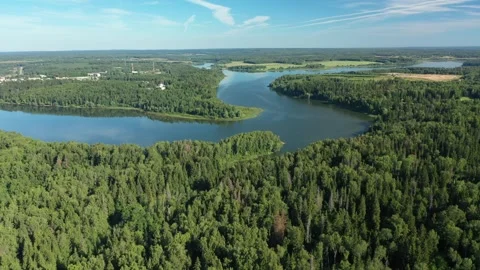 Drone flying over river and forest landscape Stock Footage 320120312