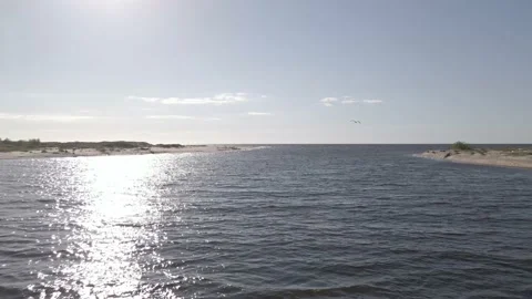 Drone flying over a river delta at the sea, sand dunes on the sides Stock Footage 161153679