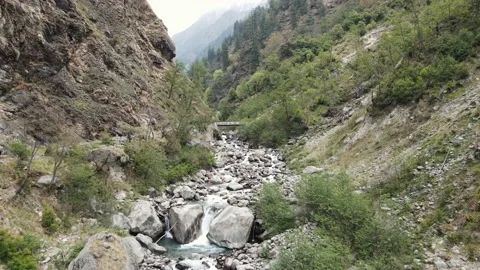 Drone flying over the river in the forest jungle towards the bridge. Stock Footage 156955379