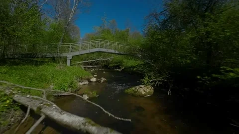 Drone flying over river in summer on late spring forest Stockbeeldmateriaal 243630234