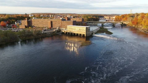 Drone Flying Over River Toward Factory In Autumn Stock Footage 229160130