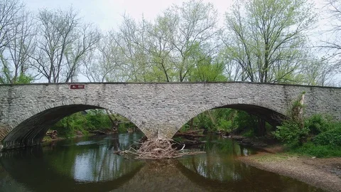 Drone Flying Over A River Under A Bridge 4k Video stock 126861938