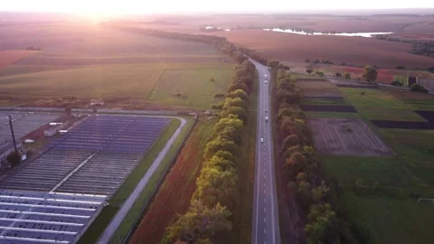 Drone flying over the road and sunset Stock Footage 161887162
