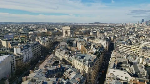 Drone flying over roofs of Paris with Triumphal arch or Arc de Triomphe in Stock-Footage 266385387
